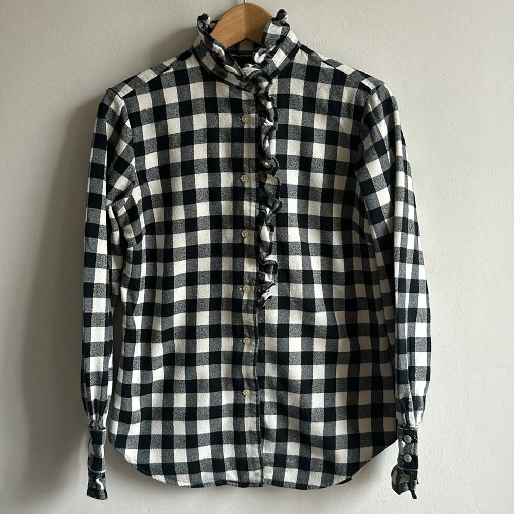 Ralph Lauren brush cotton flannel check shirt with ruffled trim women’s medium - Picture 1 of 9